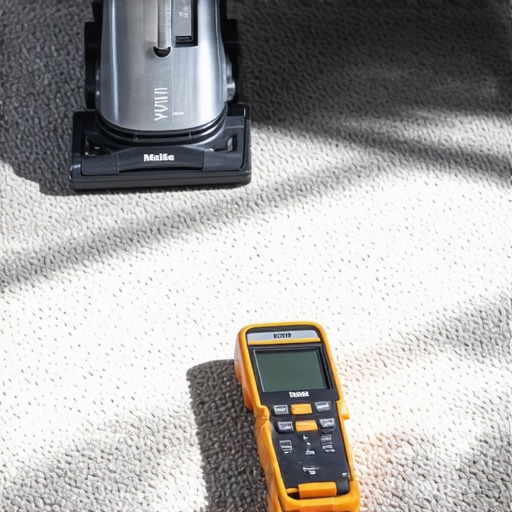 A HEPA vacuum and moisture meter on a clean carpet representing professional maintenance standards.