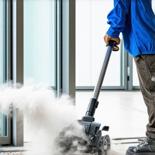 A person using a HEPA vacuum to remove fine construction dust from a metal door track.