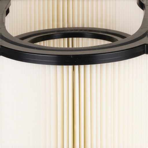 Close-up of a clean HEPA vacuum filter showing the essential rubber gasket for a sealed system.