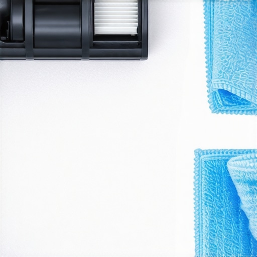 Close up of fine construction dust on a HEPA filter and a microfiber cloth.