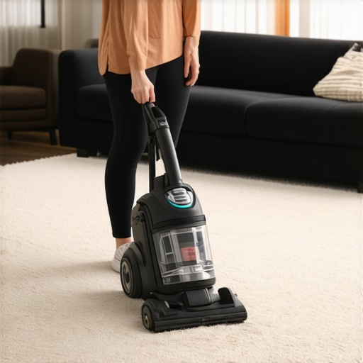 High-quality HEPA canister vacuum being used on a clean living room carpet