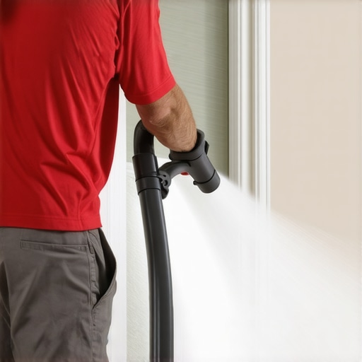 Cleaning drywall dust from window tracks with a HEPA vacuum.