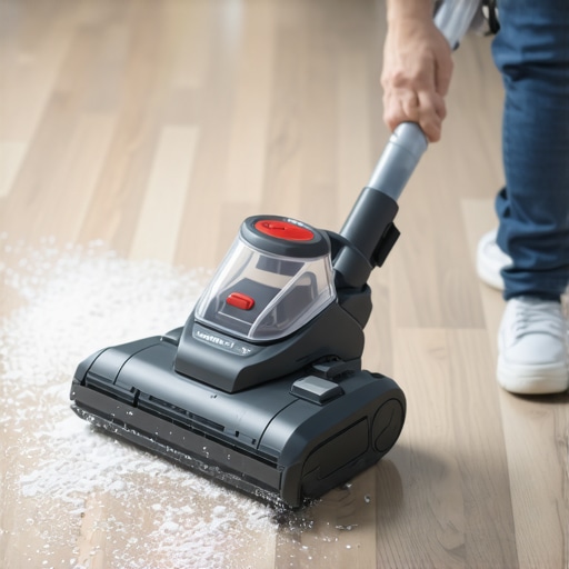 Close-up of a HEPA vacuum cleaning fine drywall dust on a wood floor