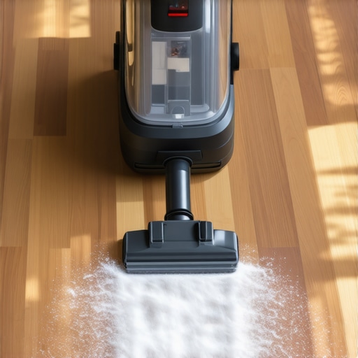 Close-up of a HEPA vacuum removing fine white construction dust from a hardwood floor.