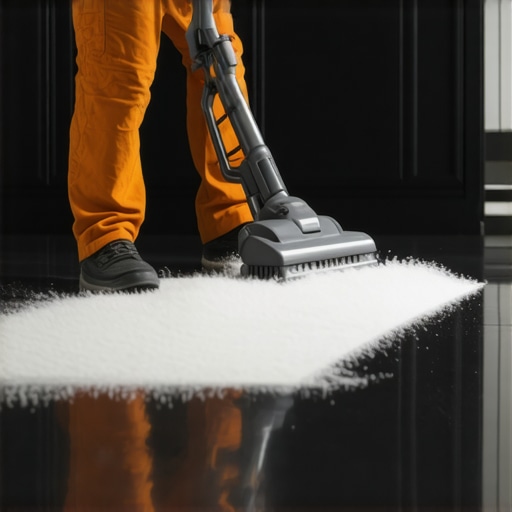 Close up of a professional vacuum attachment removing fine white dust from floor crevices.