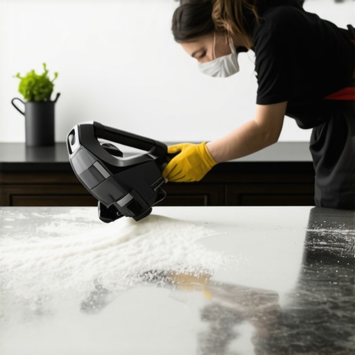 A technician using a HEPA vacuum to clean fine white dust from a kitchen surface after a renovation.