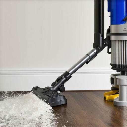 Close-up of a vacuum removing fine white drywall dust from a dark wood floor edge.