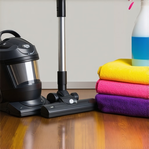 Close up of a high-end HEPA vacuum and microfiber cleaning supplies on a clean floor.
