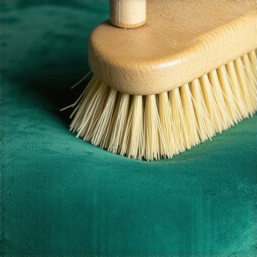 Close up of a soft horsehair brush being used on green velvet fabric to restore the nap.