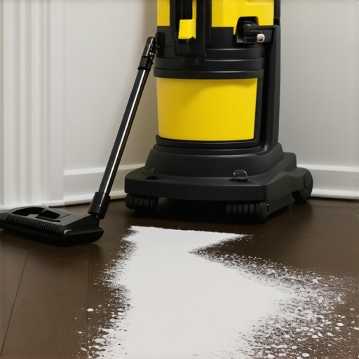 Using an industrial vacuum to remove fine dust from dark wood flooring