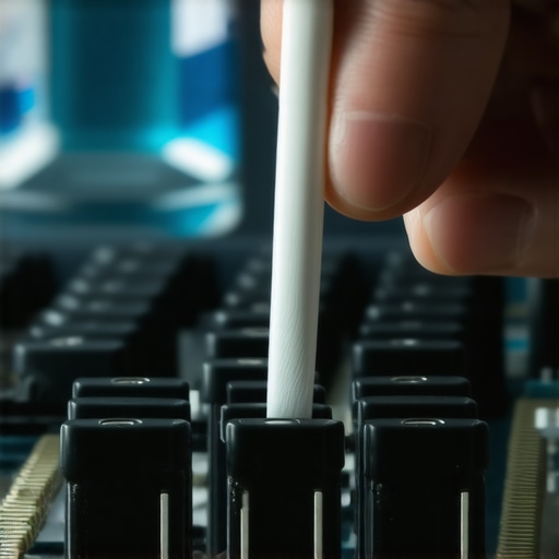 Close-up of cleaning mechanical keyboard switches with isopropyl alcohol and a cotton swab.