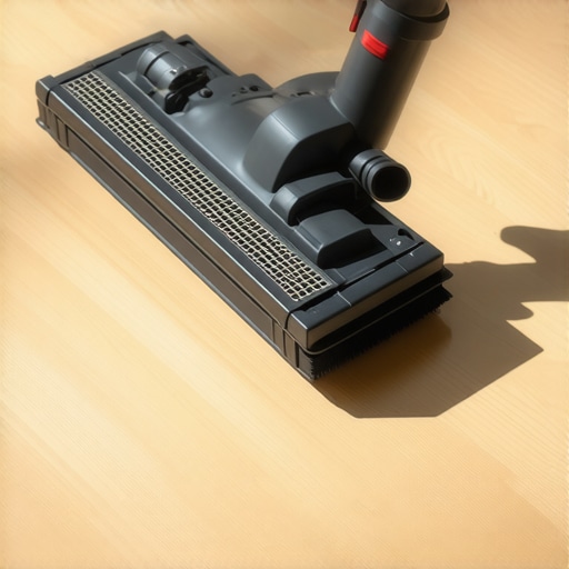 HEPA vacuum filter and foam cleaning brush on a sunlit floor