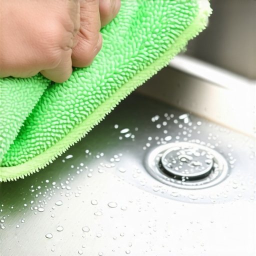 Close-up of buffing a stainless steel sink with a high-quality microfiber cloth for a streak-free shine.