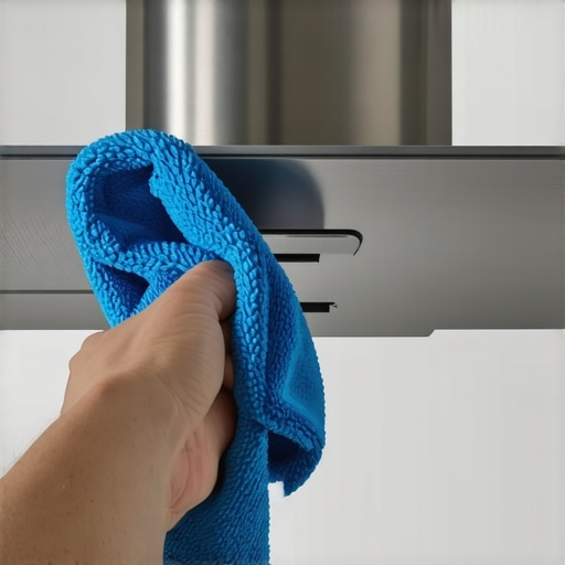 Microfiber cloth wiping grease off a kitchen fan blade