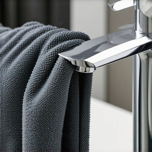 Close up of a thick microfiber cloth cleaning a bathroom faucet to a mirror finish