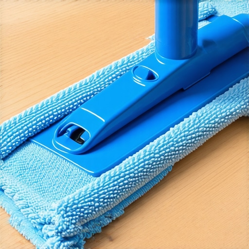 Close-up of a microfiber mop pad on a luxury vinyl floor capturing dust.