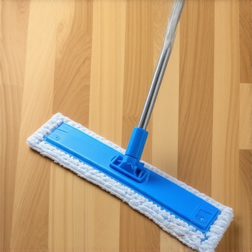 A wide flat microfiber mop resting on a textured vinyl floor