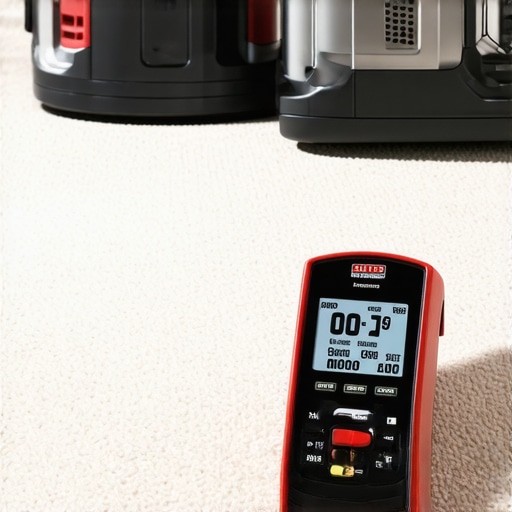 Close up of a moisture meter and industrial vacuum used for professional carpet maintenance
