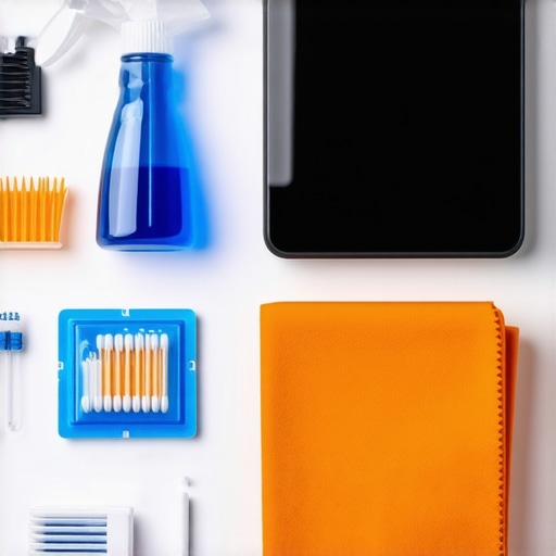 A small organized kit of electronics cleaning supplies inside a desk drawer.
