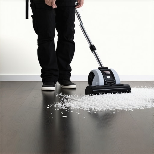 Industrial vacuum removing fine white construction dust from a hardwood floor.