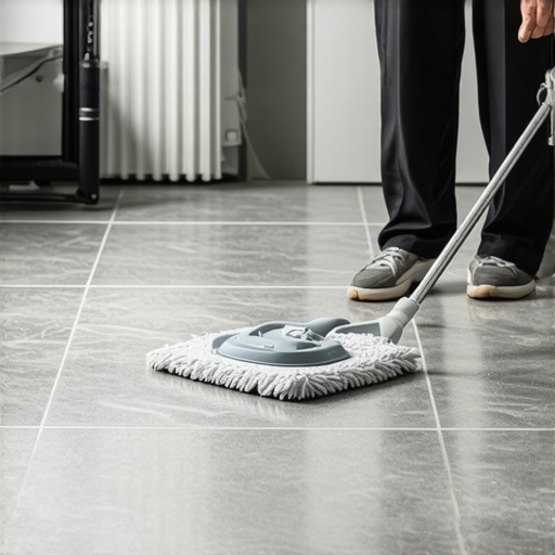 Close up of a microfiber mop performing a figure-eight motion on a tile floor to prevent streaks.