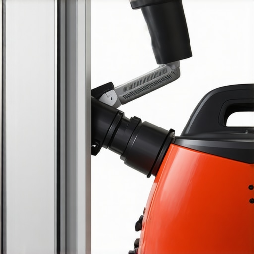 A technician using a specialized vacuum attachment to remove fine debris from a metal door track.