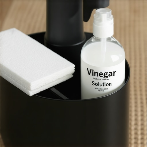 Close up of a cleaning caddy with tools for natural fiber rug maintenance