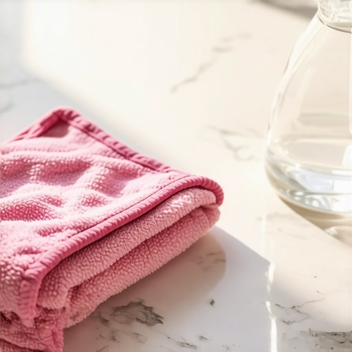 High-quality microfiber cloth and stone cleaner on a quartzite counter.