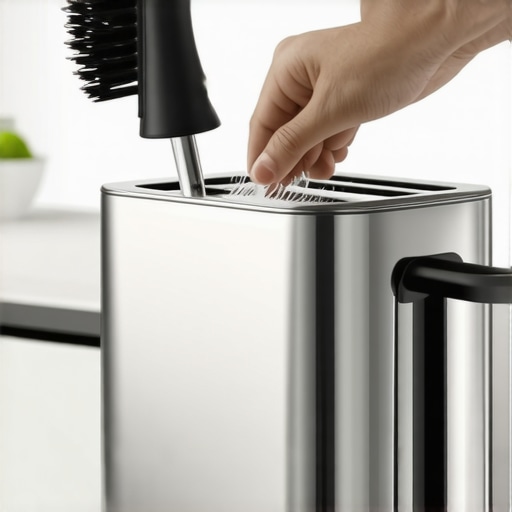 Person cleaning the inside of a toaster with a brush and compressed air for safety.