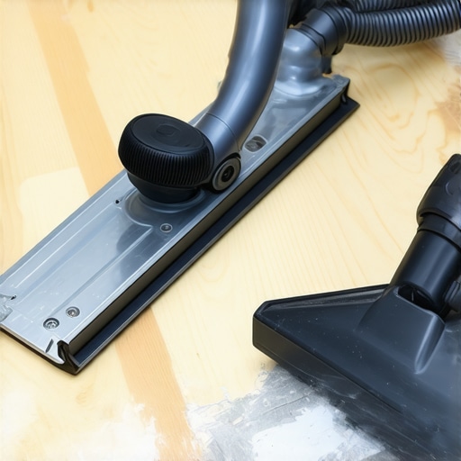 A professional scraper and HEPA vacuum being used to remove construction adhesive from a subfloor.