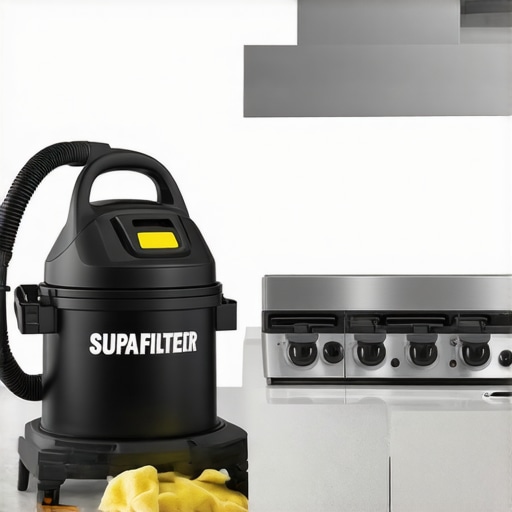 Shop vacuum and cleaning supplies used for maintaining a grease-free kitchen vent hood.
