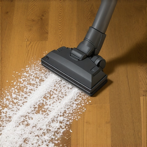 A HEPA vacuum removing fine construction dust from dark wood flooring.