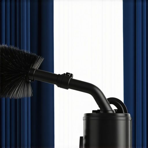 Natural horsehair brush attachment being used on navy velvet curtains to remove construction dust.