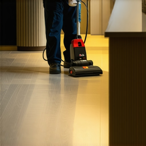 Janitor using a HEPA vacuum on commercial vinyl flooring to remove grit.