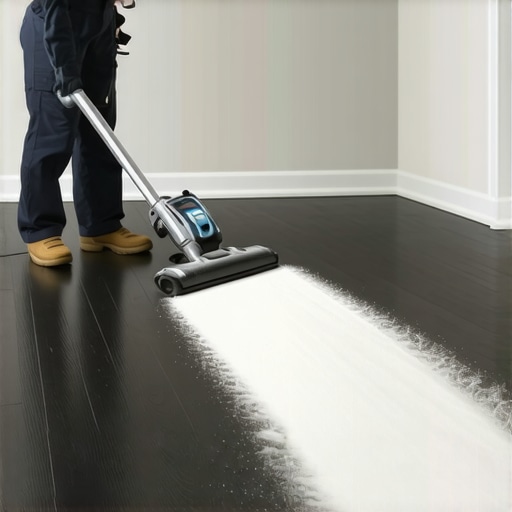 Close-up of HEPA vacuum removing white drywall dust from dark hardwood flooring