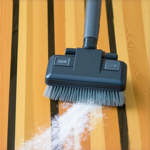 A close-up of a vacuum brush extracting fine construction dust from hardwood floor seams.