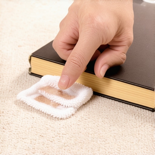 Close-up of a hand blotting a light carpet with a microfiber cloth to remove residual stains safely