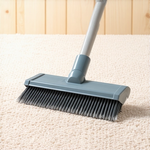 Close-up of a carpet rake lifting crushed fibers in a high-traffic hallway