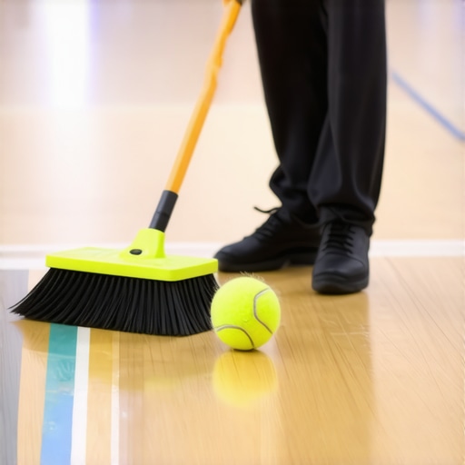 A tennis ball mounted on a broom handle being used to remove a black scuff mark from a polished gym floor.