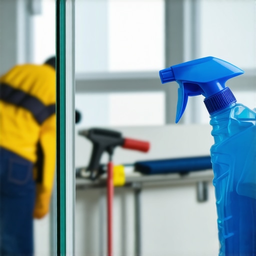 Close up of hand cleaning glass with microfiber and solvent
