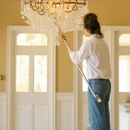 Using a telescoping pole to clean a high foyer light fixture from the floor