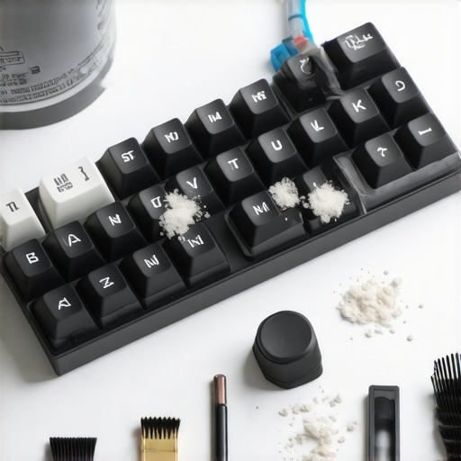 Detail of mechanical keyboard being cleaned with compressed air and brush