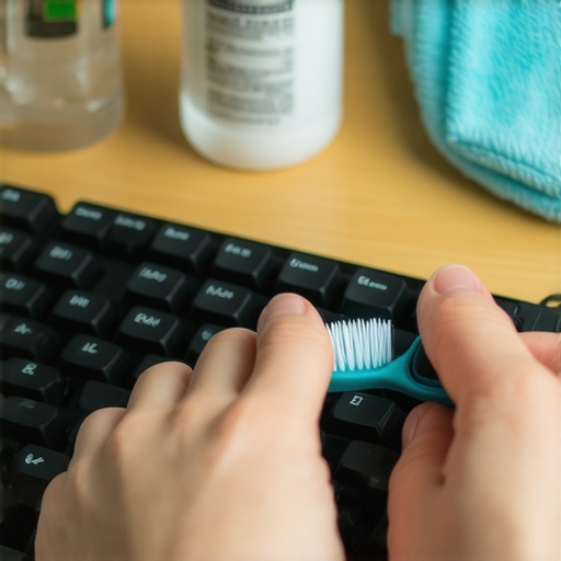 Person cleaning mechanical keyboard switches with a soft brush and isopropyl alcohol