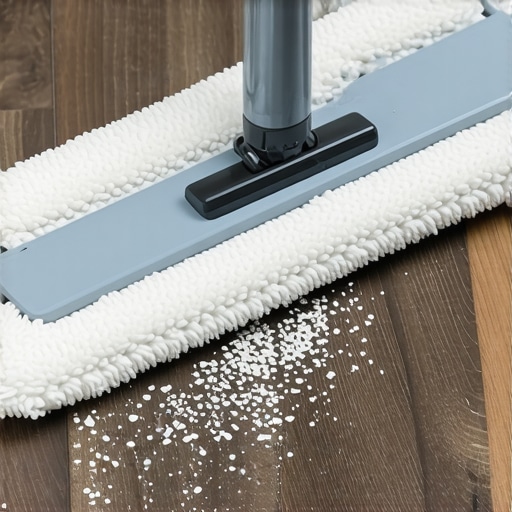 Macro view of microfiber mop fibers picking up dust on luxury vinyl flooring