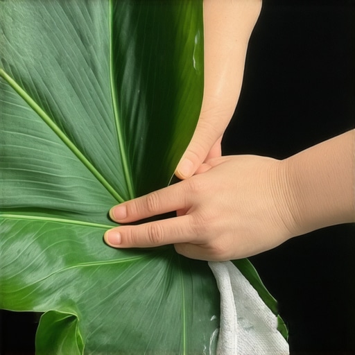 Hands cleaning a dusty artificial plant leaf with a microfiber cloth