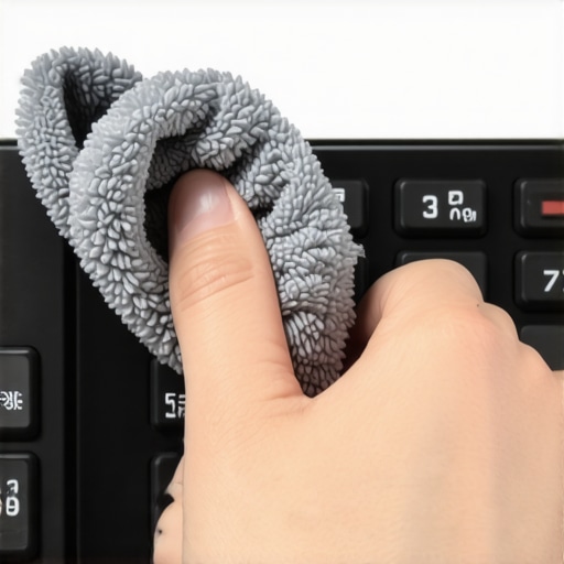 Close-up of a person using a microfiber cloth to sanitize an office phone keypad.
