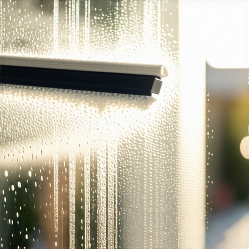 A squeegee removing soapy residue from a window to reveal a streak-free finish during post-construction cleaning.