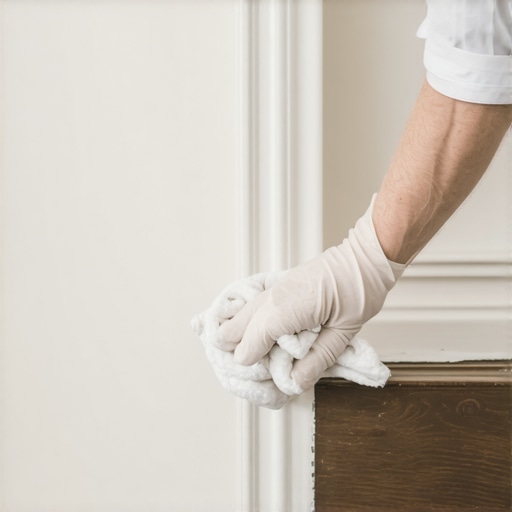 Close up of cleaning drywall dust from wood baseboards with a dry cloth to prevent slurry.