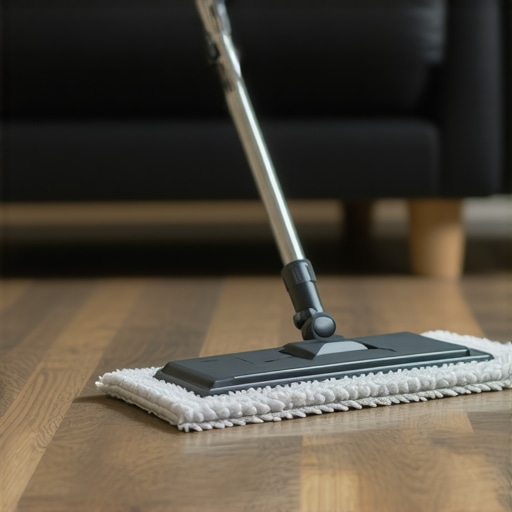 A person using a microfiber mop on new luxury vinyl plank flooring to remove post-construction dust.