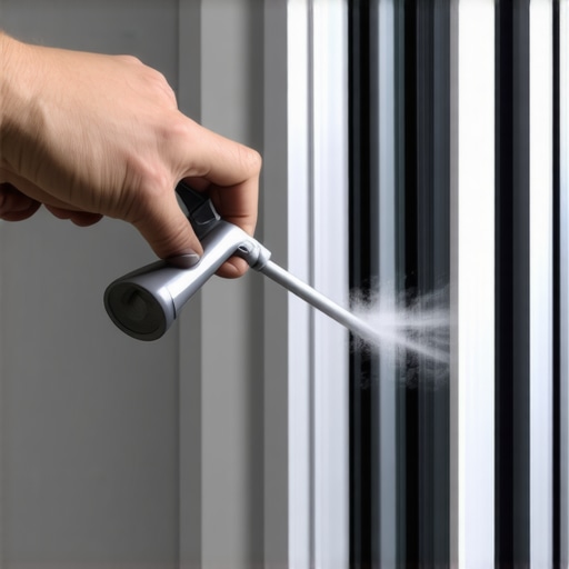 Applying dry silicone lubricant to clean window tracks to prevent sticking and dust accumulation